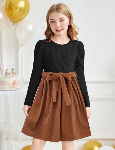 Arshiner Girls Dresses Puff Long Sleeve Rib Knit Plaid Patchwork Belted Holiday Dress with Pockets2