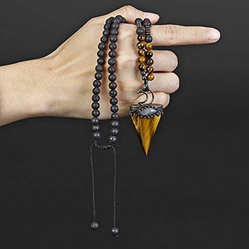Jovivi 6Mm Natural Tiger Eye Crystal Pendulum Necklace Lava Rock Labradorite Healing Chakra Triangle Pendulum Crystal W/Moon 25Inches Adjustable #TOP3