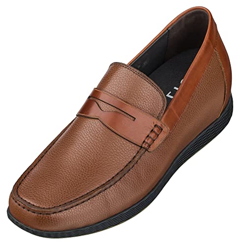 CALTO Men's Invisible Height Increasing Elevator Shoes - Dark Brown Premium Leather Slip-on Lightweight Casual Loafers - 2.4 Inches Taller - S1092 - Size 6.5 D(M) US