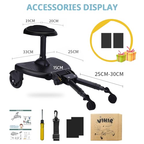 Vihir Kinderwagen Board mit Sitz, Buggy Board Universal, Kiddy Board für 99% Kinderwagen mit Höheren, Breiteren und Bequemeren Sitzen, Kinderwagen Zubehör Für Kinder Von 2-6 Jahren (25 Kg)