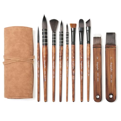 Juego profesional de pinceles Taklon 10 para acuarela, acrílico y gouache, 8 cabezales, estuche de viaje, pegamento ecológico, 3000 golpes probados