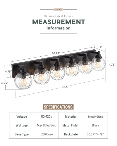 Image of 6-Light Black Bathroom Vanity Light, Hammered Glass Globe Shade | 38 Inch matte black modern bathroom light fixture over mirror, UL listed, E26 bulbs, hardwired, upward only, VL200-MB-CL-6
