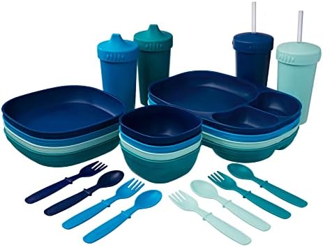 MightyMoe Kid’s Dinnerware Set - 28 Pieces, 4 Place Settings - Ocean Color Set - Tough Tableware for Toddlers - Made in the USA - Dishwasher and Microwave Safe - BPA Free and Shatter Resistant