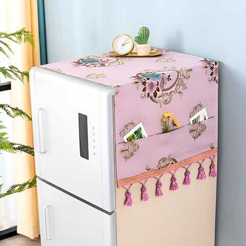 Image of Fridge Top Cover by Motira - Floral Embroidered Protector with 6 Utility Pockets and Tassels, Washable Fabric 54 x 120 CM (Pink).