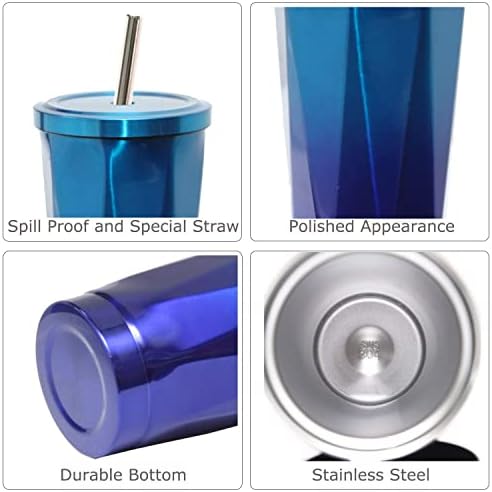 Grando Stainless Steel Tumbler Cups, Coffee Cup with Straw Vacuum Insulated Office Mug Car Drinking Cups for Ice Cold or Warm Drinking with 1 Cleaning Brush and 1 Straw Brush (Blue 18oz/500ML)