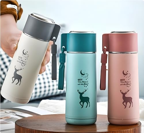 Image of Kid 450ml Water Bottle School Bottle, Cold Insulation, Leak proof & Break-proof, Kids Bottle, Easy to Carry Deer Print Water Bottle for Picnic, Office, Water Bottles with Steel Cap (White)