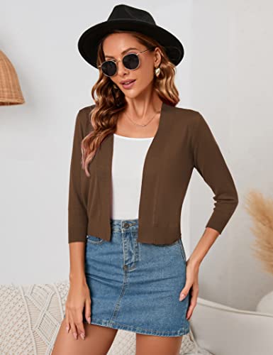 Image of GloryStar Women s 3 /4 Sleeve Cropped Cardigan Sweaters Open Front Knit Short Bolero Shrugs Coffee- XS