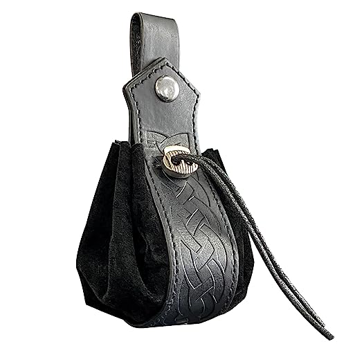 JIAHG Bourse Médiéval Homme Vintage Pochette de Ceinture à Cordon Pochette de Pirate Porte-monnaie en PU Cuir Gaufré Durable Pochette de Ceinture Chevalier...