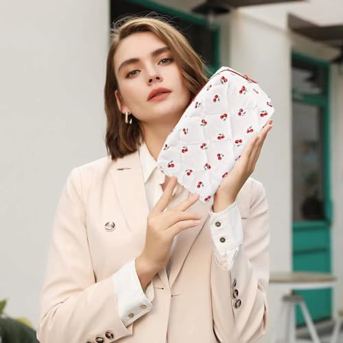 Image of Floral Quilted Makeup Bag - Cosmetic and Skincare Product Pouch, Fashionable Travel Puffy Coquette Makeup Bag, Small Cute Cherry Design