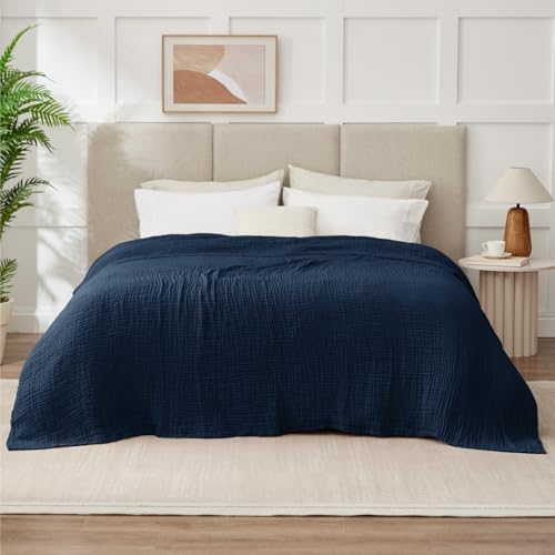 Image of 100% Cotton Muslin Blanket Queen 90 inch x 90 inch, 6 Layers Breathable and Lightweight Cotton Throw Blanket for Bed, Soft Quilt Bedspread Coverlet, Gauze Blanket for Adults All Season, Navy