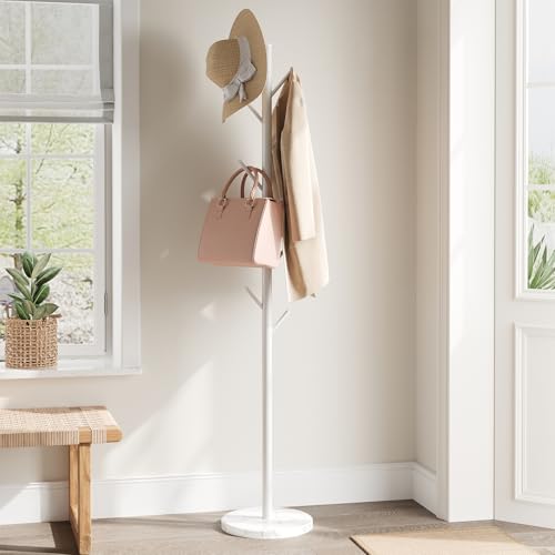 Coat Rack Freestanding Metal Coat Rack with Natural Marble Base White