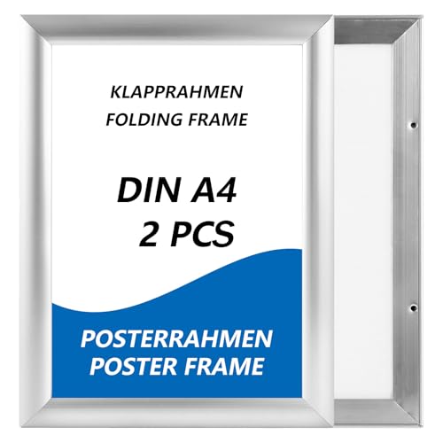Oungy 2 marcos plegables A4, marco plegable A4 de 25 mm de perfil, marco A4 con esquina de inglete, marco de póster plegable plateado, para pósteres de 21 x 29,7 cm, DIN A4, marco plegable para fotos