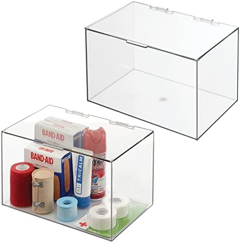 mDesign Storage Box Stackable Plastic Container with Hinged Lid Bathroom Organiser Box for Toiletries, Cosmetics and Beauty Products Set of 2 Clear