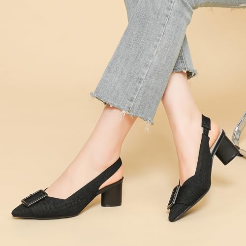 HROYL Women's Knitted Slingback Dress Pumps Pointed Toe Low Block Heel Work Office Wedding Dressy Shoes 6
