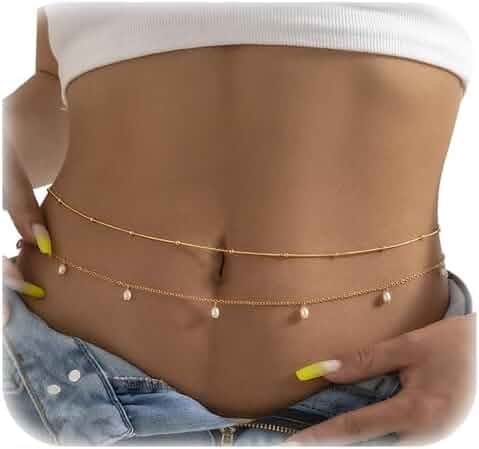 Gold Chain Belt for Women, 14K Gold Plated Layered Pearl Shell Belly Chain, Adjustable Gold Waist Chain and Beach Waist Chain Body Jewelry for Bikini Summer Outfits