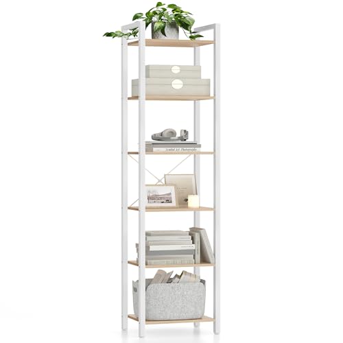 VASAGLE Regal, Bücherregal, Standregal, DVD-Regal, mit 6 Ebenen, Büroregal, offene Ablagen, für Büro, Wohnzimmer, Schlafzimmer, Küche, 30 x 40 x 186 cm, naturbeige-mattweiß LLS101N01