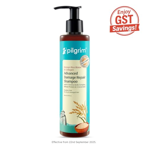 Image of Pilgrim Korean Rice Water & Collagen Advanced Damage Repair Shampoo - 200ml | with 17 Amino Acids, Wheat Protein & 5 Ceramides | Paraben-Free | For Dry & Damaged Hair | For Women and Men