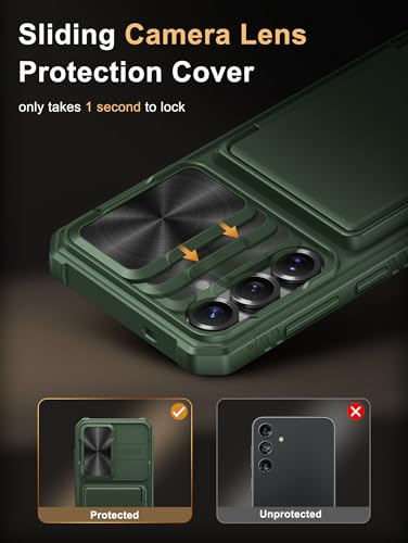 Image of Vihibii for Samsung Galaxy S25 Plus Case with Card Holder (4 Cards) [RFID Blocking] & Slide Camera Cover, Military Grade Drop Protection, Rugged Hard Back & Silicone Edge Wallet Case, 6.7 inch 2025, Green