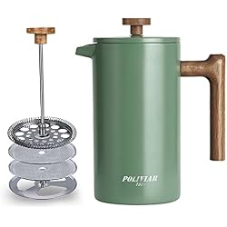 POLIVIAR French Press Coffee Maker, 34 oz Coffee Press with Real Wood Handle, Double Wall Insulation & Dual-Filter Screen, Food Grade Stainless Steel for Good Coffe and Tea (Flatland) | Real Wood Handle Coffee Press, Double Wall Insulation, Dual-Filter Screen, Food Grade Stainless Steel, For Coffee and Tea
