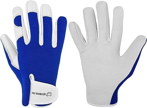 WESTWOOD FOX Arbeitshandschuhe Herren Leder Schnittfeste Handschuhe für Garten Gartenhandschuhe Damen Dornensicher, Gartenhandschuhe Dornenfest Gartenarbeitshandschuhe (Blau, M)