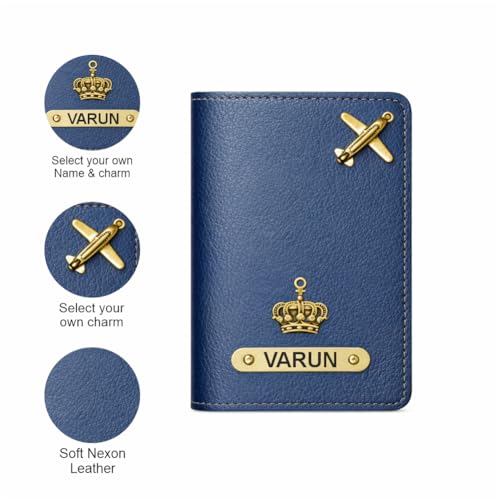 Image of Customized Couple Passport Cover Gift Set 2 Pcs | Personalized Leather Passport Covers with Name & Charm| Anniversary, Valentine, Birthday and Travel Gift (Blue)