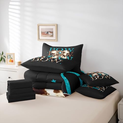 Image of Cowhide Bow Full Size Bed Sheets and Comforter Set | Dreamy Princess Style Bowknot 7-Piece Bedding Set Cow Print Bow Tie Bed in a Bag, Kawaii Geometric Bow-Tie Bed Sets,Cute Room Decor Aesthetic