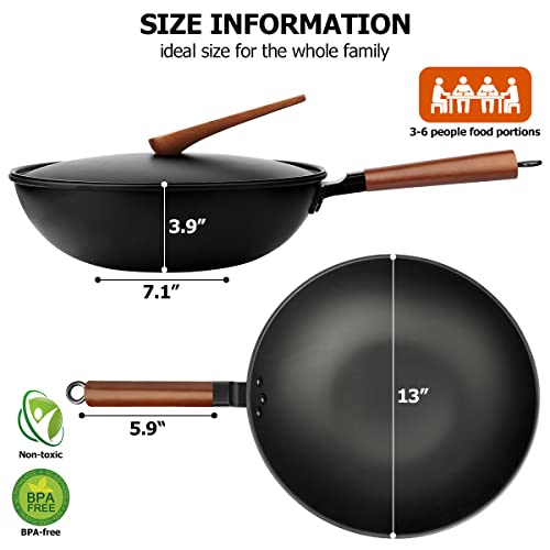 Leitao Carbon Steel Wok Pan, 14 Piece Woks & Stir-Fry Pans Set With Lid & Cookwares, No Chemical Coated Flat Bottom Chinese Woks Pan For Induction, Electric, Gas, Halogen All Stoves #TOP5