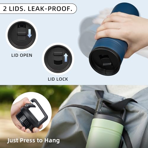 Image of BJPKPK 20 oz Insulated Travel Water Bottle, Coffee Tumbler Stainless Steel | Double Wall Vacuum, Leakproof, Thermal, Keeps Hot /Cold, Dishwasher Safe, Spill Proof, Wide Mouth, 2 Lids, Navy Blue