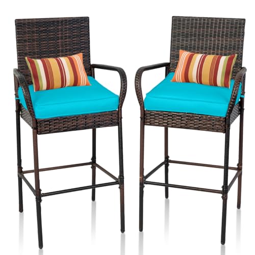 Image of Sundale Outdoor Wicker Bar Stool Set of 2, Patio Counter Height Pub Chair with Arms, High Top Rattan Barstool, Cushion Beige, All-Weather Outdoor Rattan Furniture (Brown&Blue, Small Seat - 2 Stools)
