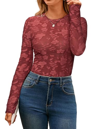 Glamaker Womens Mesh Long Sleeve Tops Lace See Through Sexy Crew Neck Eyelet Shirts Party Floral Club Dressy Blouse(Burgundy,Small)