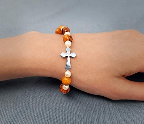 Logos Trading Post Holy Land Olive Wood Stretch Bracelet from Israel, Ornate Wrist Accessory for Business, Casual, or Social Outfit Attire2