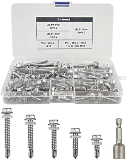 51pcs M6.3 Stainless Steel Self Tapping Hex Head Screws Full Thread Metal Roofing Drill Bolts External Hexagonal Dovetail Self Drilling Tail Screws, with Nut Setter, Washers(5 Sizes)