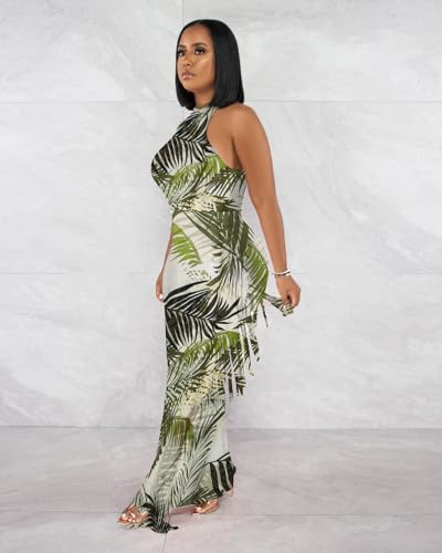Image of 2 Piece Outfits for Women Sexy Halter Neck Sleeveless Crop Tops Ruched Bodycon Dresses Jumpsuits Fringe Skirt Sets