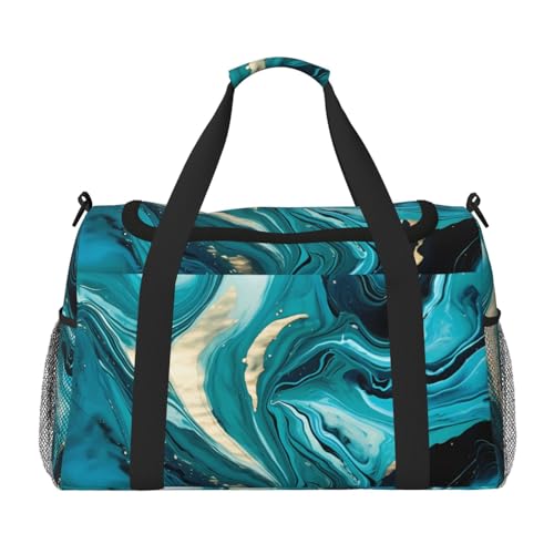 Marble Turquoise Duffle Bag for Travel Teal line Sports Gym Tote Carry On Bag Large Shoulder Weekend Overnight for Workout