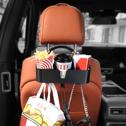 Image of Benlari Car Headrest Backseat Organizer with 3.7" Cup Holder - 3 in 1 Seat Back Organizer Headrest Hooks, Multifunctional Storage for Car Backseat Travel Accessories (1pcs)