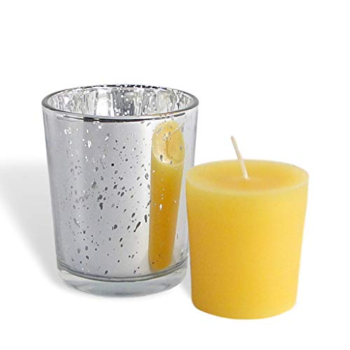 BCandle 100% Pure Raw Beeswax Votive Candles in Glass Holder (Silver Mercury, 24)
