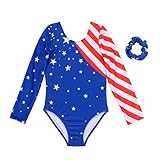 MODAFANS Leotards for Girls Gymnastics with Dance Shorts Long Sleeve Biketards Tumbling Unitards for Girls Star Blue Flag,6-7Years