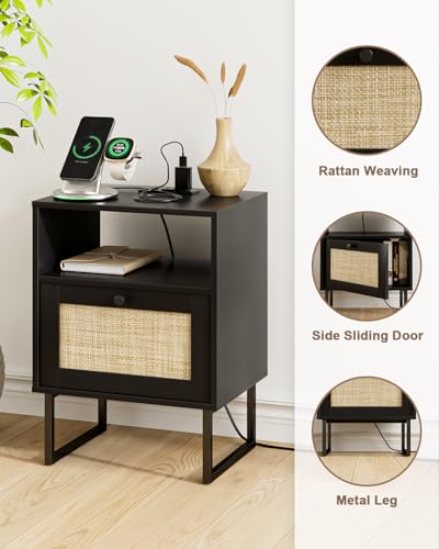 Image of Rattan Nightstand with Charging Station, Boho Night Stand Farmhouse Wood Bedside Table with Storage and Open Shelf, End Side Accent Table for Bedroom,Living Room,Black