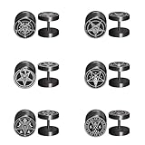 Aroncent Black Stud Mens Earrings - 6Pcs Fake Gauges Stainless Steel Flatback Screw Fake Earrings Hypoallergenic Plated Personalized Gothic Satan Goat Devil Pentagram Earrings