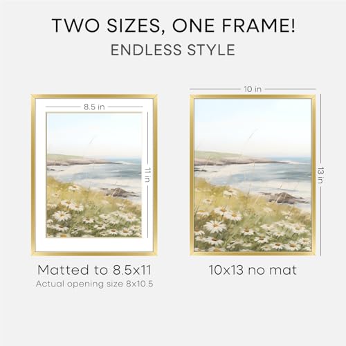 Image of Homeforia 10x13 Picture Frame Gold, High End Metal 10x13 Poster Frames with Mat for 8.5x11, 10 x 13 Gold Frames Matted to 8.5 x 11 inch Photo, 10by13 Hanging Frames, Tempered Glass, Wall Kit, Set of 1