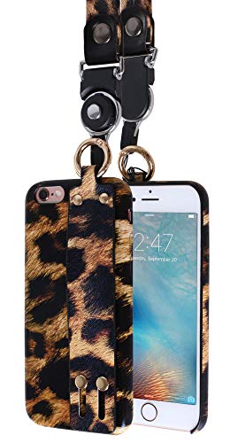 ARASO Girly Leopard iPhone 6s Case, Cell Phone Holder Strap with Stand - Detachable Lanyard Silm Fit Matte Natural Leather Leopard Pattern Loopy Case for Cheetah iPhone 6 (Brown)