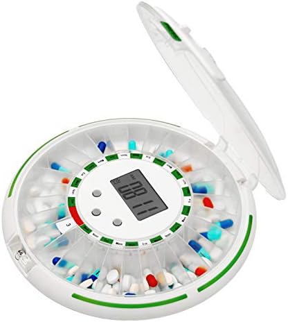EZILIFE Automatic Pill Dispenser with Flashing Light, Sound, Alarm and Safety Lock, 28-Day Electronic Medication Organizer – Dispense Vitamins and Tablets Up 6 Times/Day – Easy Read Display, Clear Lid