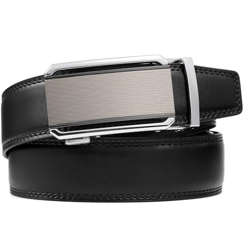 Image of Drowsmen Leather ratchet belt 1 3 /8 inch with Click Sliding Automatic Buckle, Adjustable belt Trim to Fit