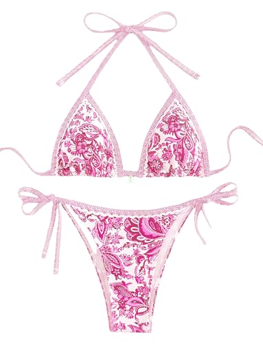 Happy Cherry Conjunto de bikini de 2 piezas para mujer, sexy, estampado con lazo, decoración de concha, traje de baño de cintura baja, Morado (, S