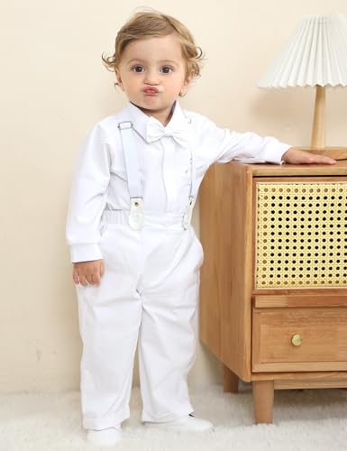 Image of A&J DESIGN Baby Boys Suits Infant Gentleman Formal Wedding Suspenders Outfit with Bowtie