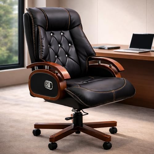 Image of High Back Leatherette Office Chair for Director & Executive | Wooden Base, Recliner, Swivel, Height Adjustable CEO Chair | 5 Years Warranty & Free Assembly