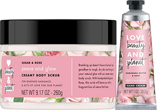 Love Beauty & Planet 9.17 Ounce Sugar & Rose Body Scrub and 1 Ounce Murumuru Butter Hand Cream