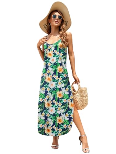 Image of HUSKARY Women's Summer Casual Sleeveless V Neck Strappy Split Loose Dress Beach Cover Up Long Cami Maxi Dresses with Pocket