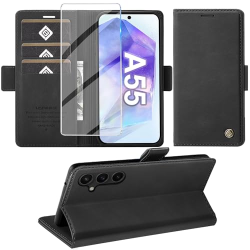 Coque Samsung A55 5G premium en cuir noir étui portefeuille