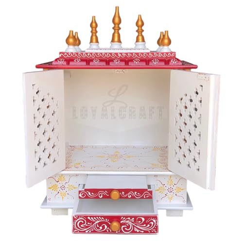 LOYALCRAFT Wooden Temple mandir/god Stand for Home/Pooja Stand/mandap/mandapam/mandir with Doors (Medium 18x12x24 WxDxH INCH, White red Golden)
